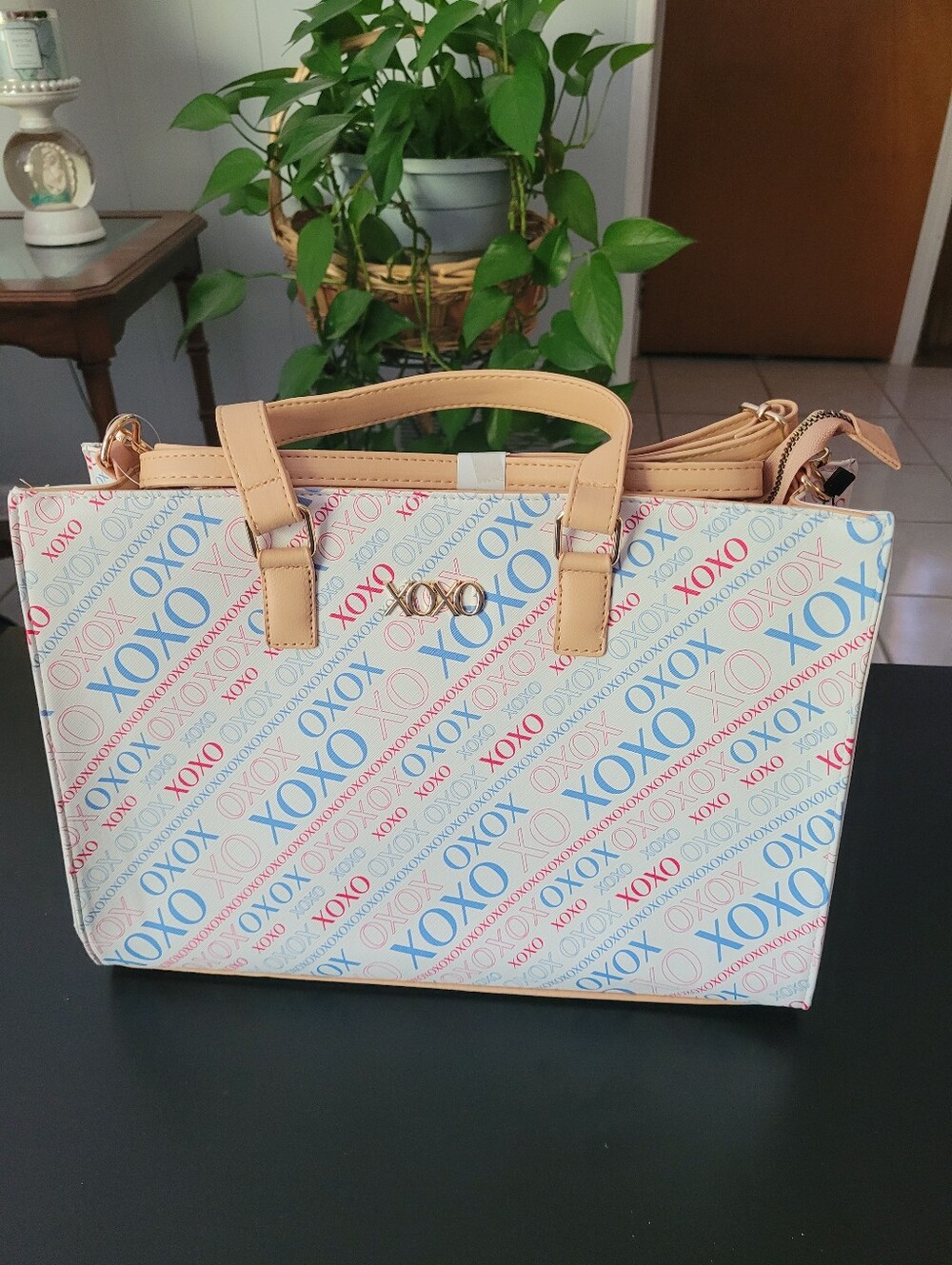 XOXO White Tote with Red & Blue Logo Print and Tan Handles